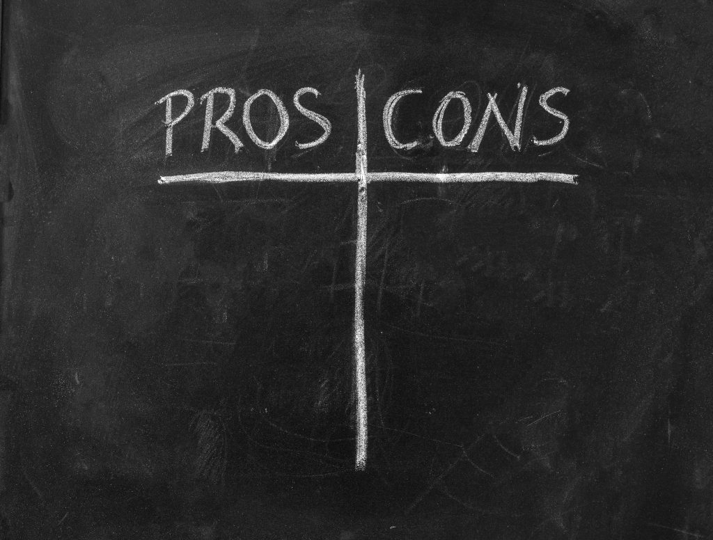 Pros contra cons concept. Empty list on chalkboard background, for decision making.